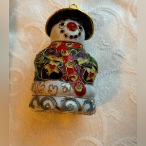 Cloisonné snowman ornament. Hand painted baked enamel 4”x2”